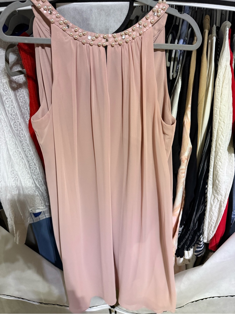 S.L. Fashions Blush Pink Pearl-Trim Jumpsuit